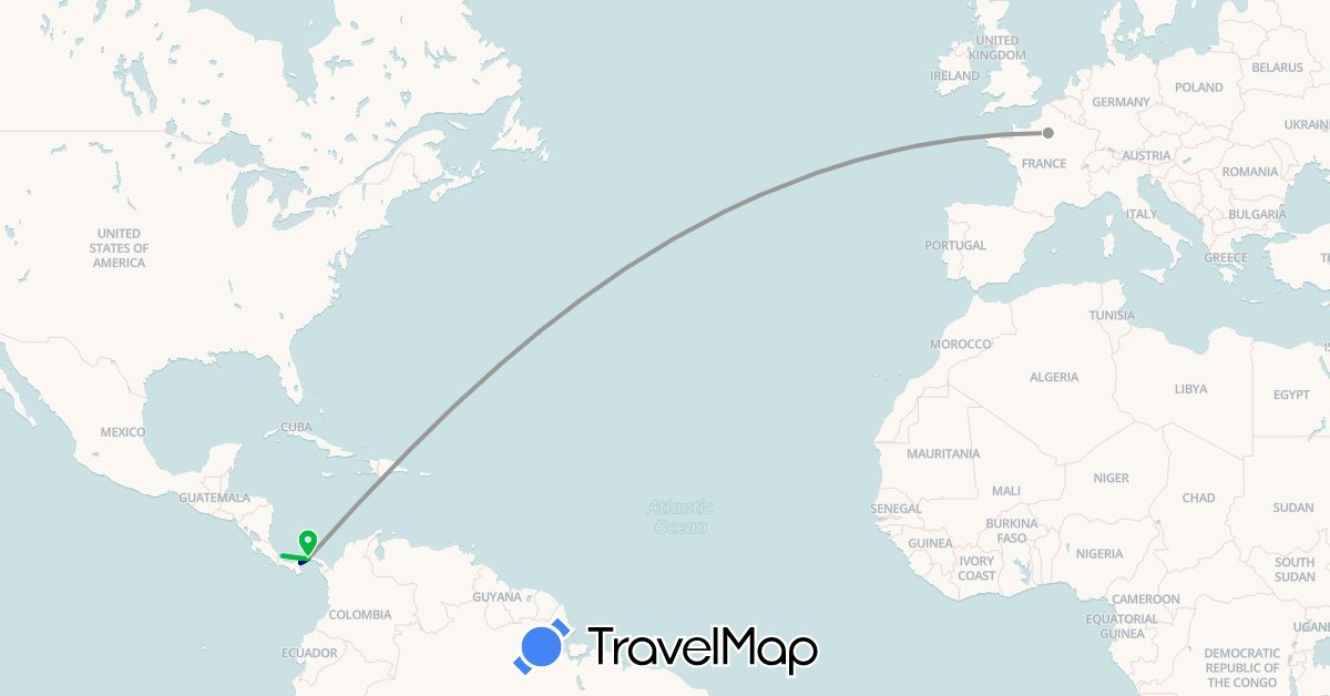 TravelMap itinerary: driving, bus, plane, boat in France, Panama (Europe, North America)